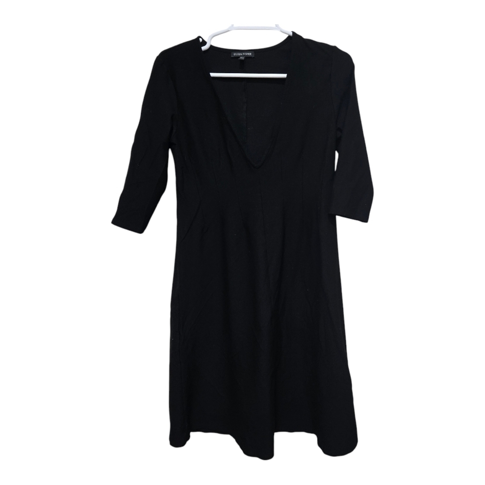 Eileen Fisher Black A Line Dress S V Neck Minimalist Travel